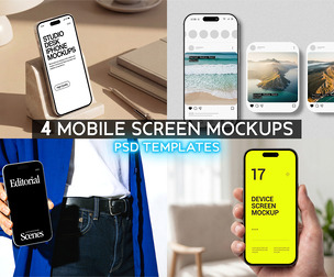 4 Mobile Screen Mockups PSD Templates, Premium iPhone Display, Social Media App & UI UX Presentation