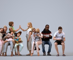 Basics_0798 - Kids A set containing 5 models of male and female teens sitting in home family