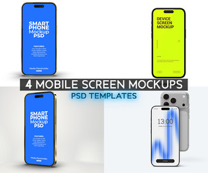 4 Mobile Screen Mockups PSD Templates, Smartphone Display Bundle, Digital UI UX App Presentation
