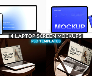 4 Laptop Screen Mockups PSD Templates, Responsive Multi Display, Tech UI UX Website Presentation