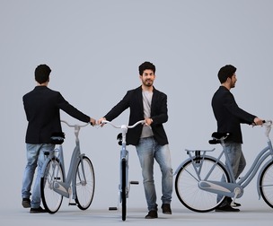 00028_Fabian008 Adult Middle Eastern man walking with bicycle in casual transitional seasonal