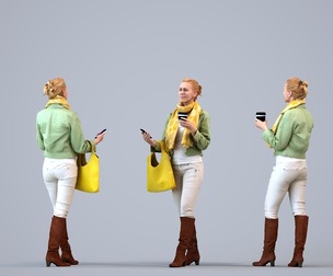 00051_Linda003HN Adult Caucasian woman standing casually in architectural space holding coffee