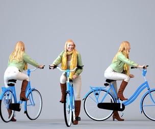 00051_Linda006 Adult Caucasian woman cycling through public space in transitional seasonal clothing