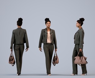 00066_Gabriela004 Adult Black woman walking through office in transitional seasonal business attire