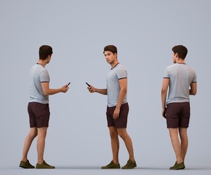 00076_Darion003 Adult Caucasian man standing in public space with smartphone, summer casual attire
