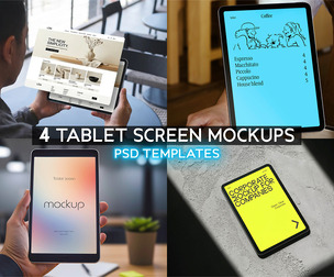 4 Tablet Screen Mockups PSD Templates, Digital Pad Display Bundle, Tech UI UX Website Presentation