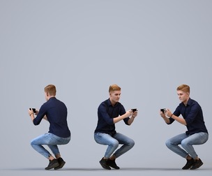00083_Ewoud015 Adult Caucasian man sitting at home with smartphone in transitional attire