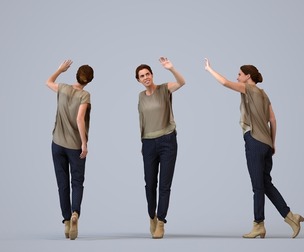 00092_Laura007 Adult Caucasian woman walking and waving in casual transitional seasonal clothing