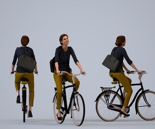 00094_Laura011 Adult Caucasian woman cycling outdoors with bag in transitional seasonal attire