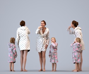 00097_AnoukMaud002 Adult Caucasian woman in pajamas brushing child's hair at home