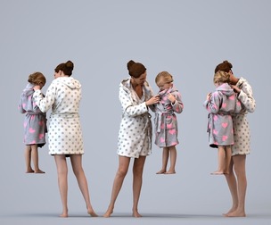 00097_AnoukMaud003 Adult Caucasian woman in robe bonding with daughter in home setting