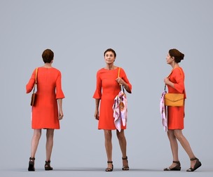 00110_Jenn002 Senior Caucasian woman walking through office in summer business attire carrying bag