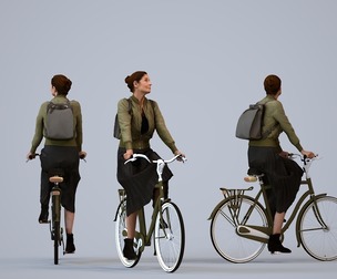 00112_Jenn005 Adult Caucasian woman cycling outdoors with bag in transitional seasonal clothing