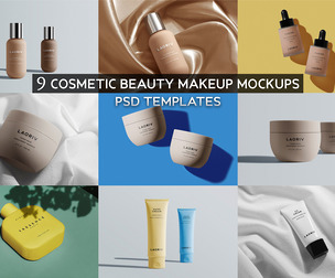9 Cosmetic Beauty Makeup Mockups PSD Templates, Skincare Bottle & Jar Bundle, Luxury Cream Tube
