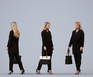 00122_Kiera003 Adult Caucasian woman walking through public space with bag, transitional attire