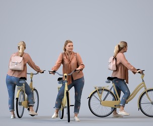 00128_Kiera014 Adult Caucasian woman commuting with bicycle and bag in transitional seasonal