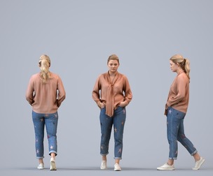 00128_Kiera007 Adult Caucasian woman walking through public space in transitional seasonal clothing