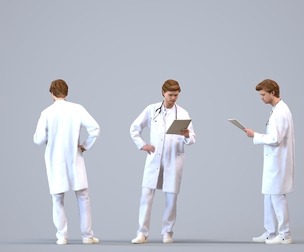 00129_Rian005 Adult Caucasian male reading in medical scrubs, transitional seasonal attire