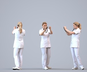 00130_Kiera003 Adult Caucasian woman waiting in medical facility wearing summer scrubs