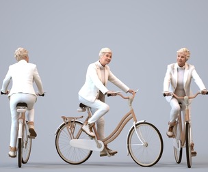00132_Nora011 Senior Caucasian woman cycling in public wearing business autumn attire