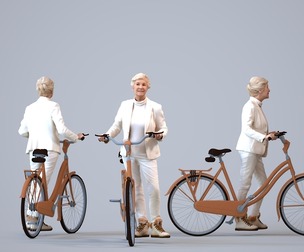 00132_Nora012 Senior Caucasian woman commuting with bicycle in transitional seasonal business attire