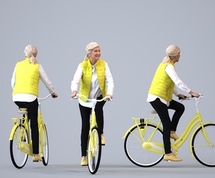 00135_Nora011 Senior Caucasian woman commuting by bicycle in casual transitional seasonal clothing