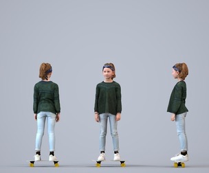 00150_Isebella001 Caucasian child standing with skateboard in casual autumn or spring attire