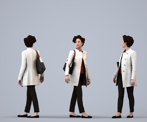 00160_Lynn004 Adult Caucasian woman walking through office in transitional attire carrying bag