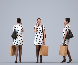 00166_Dana008 Adult Caucasian woman walking through retail space with smartphone and bag