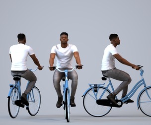 00167_Raymond010 Adult Black man cycling in casual summer attire for urban planning visualization