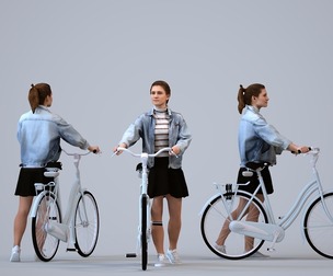 00170_Vale006 Adult Caucasian woman walking with bicycle in casual transitional seasonal clothing