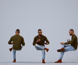 00174_Terrell005 Adult Black man sitting in public space with smartphone, autumn or spring attire