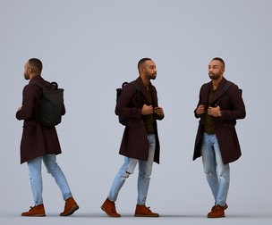 00176_Terrell002 Adult Black man walking publicly with bag in transitional seasonal attire