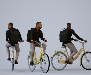 00178_Terrell013 Adult Black male cycling through public space in business attire with bag