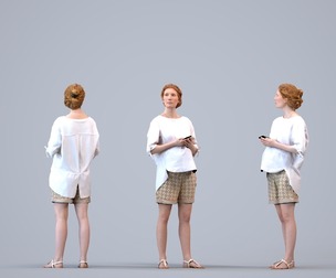 00179_Marike003 Adult Caucasian woman standing in public space with smartphone, summer casual