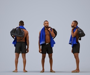 00180_Terrell003 Adult Black male standing with bag in summer sportswear for travel