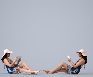 00192_Cameron007 Adult Caucasian woman reading while sitting in summer casual attire