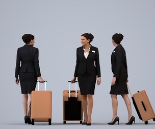 00194_Cameron013 Adult Caucasian woman waiting with suitcase in autumn or spring hospitality attire