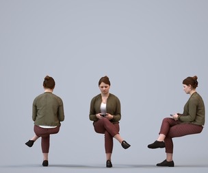 00198_Louise010 Adult Caucasian woman sitting in public space with smartphone, transitional attire