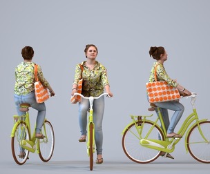 00203_Lucian001 Adult Caucasian woman cycling through public space with bag