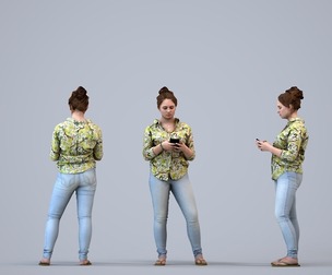 00203_Lucian006 Adult Caucasian woman standing casually with smartphone in summer public setting