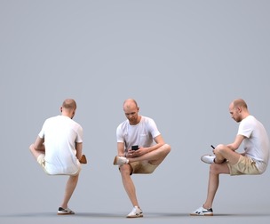 00204_Lucian009 Adult Caucasian man sitting in public space with smartphone, summer casual