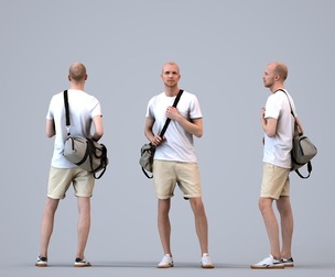 00204_Lucian006 Adult Caucasian man waiting with travel bag in summer attire
