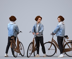 00212_Quint006 Adult Caucasian man walking with bicycle in casual transitional seasonal clothing
