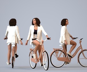 00214_Aimee0015 Adult Black woman cycling through public space in transitional seasonal business