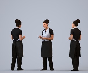 00215_Aimee0013 Adult Black woman waiting in hospitality setting wearing summer uniform