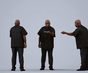 00216_Jon0006 Adult Black male standing in hospitality setting wearing summer uniform