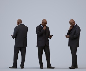 00218_Jon0007 Adult Black male standing in office with smartphone, autumn or spring attire