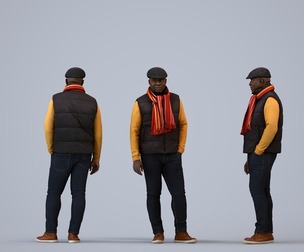 00220_Jon006 Adult Black man waiting in public space wearing transitional seasonal clothing