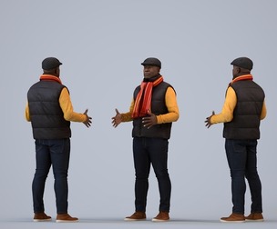 00220_Jon0005 Adult Black man talking in public wearing casual transitional seasonal clothing